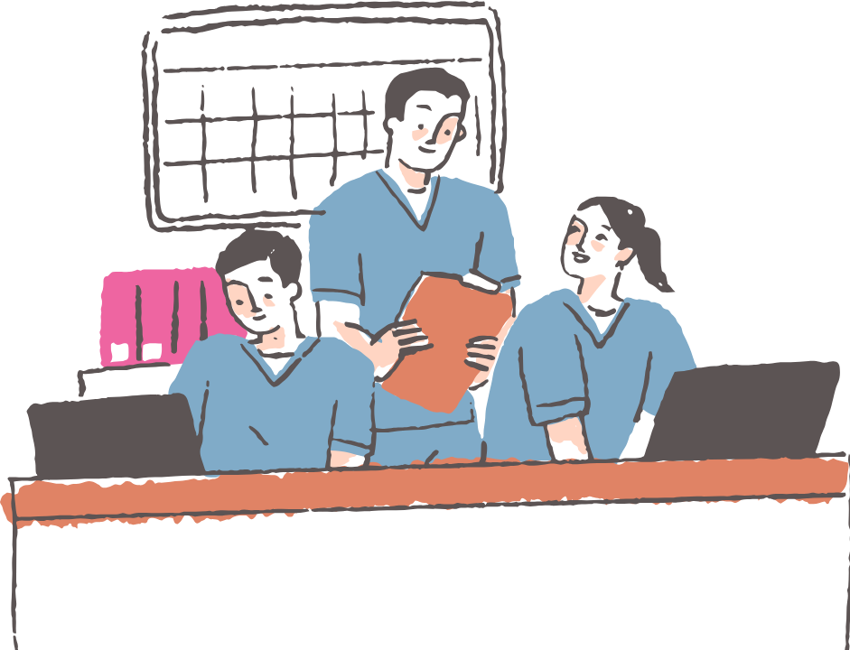 Colourised sketch of a group of doctors and nurses